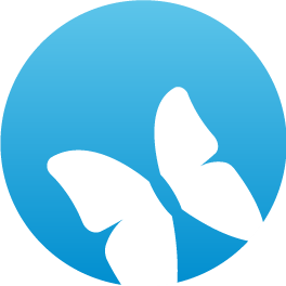 Blue freedom icon with white butterfly in bottom right corner